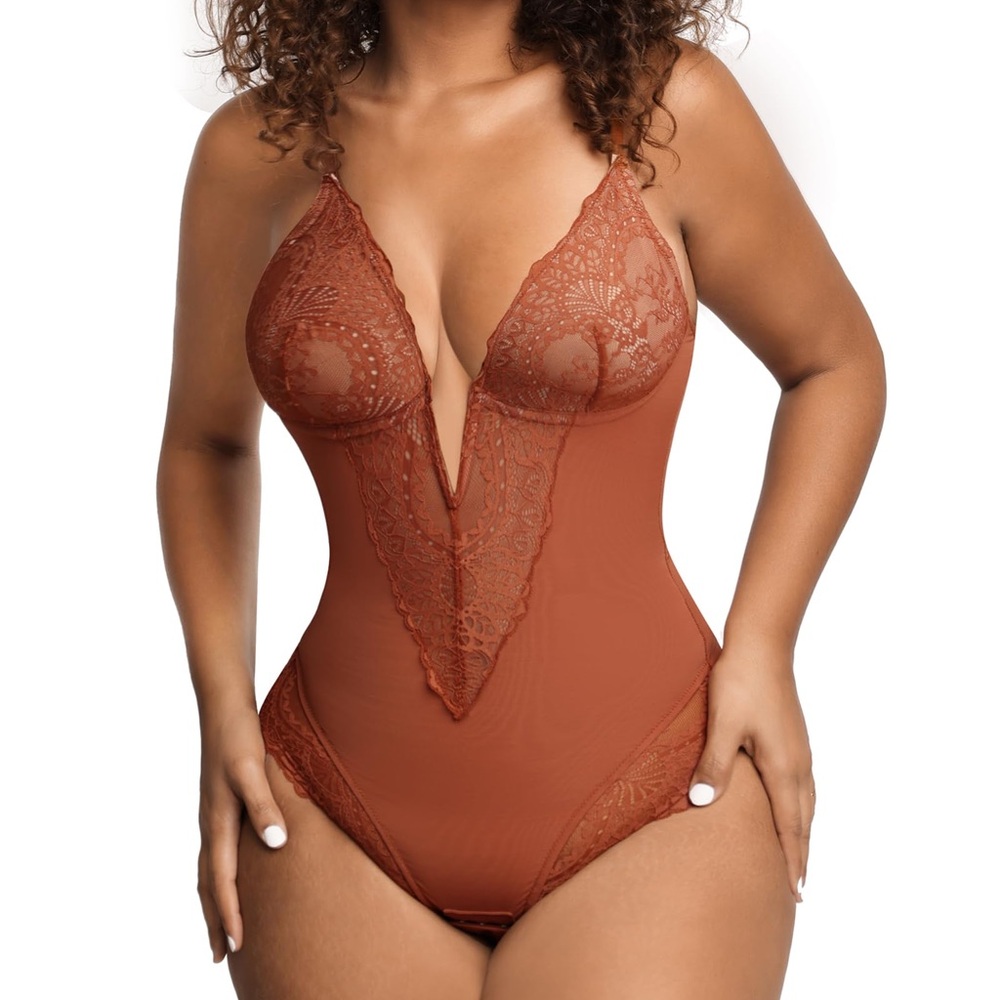 NWT Popilush Lace VNeck Shapewear Bodysuit Corset Thong Tummy Control Med & Lg